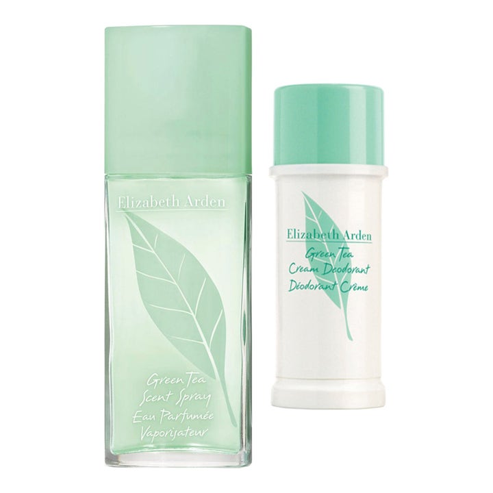 Elizabeth Arden Green Tea duftsæt opfriskende spray og creme deodorant i lysegrønne beholdere med bladmotiv.