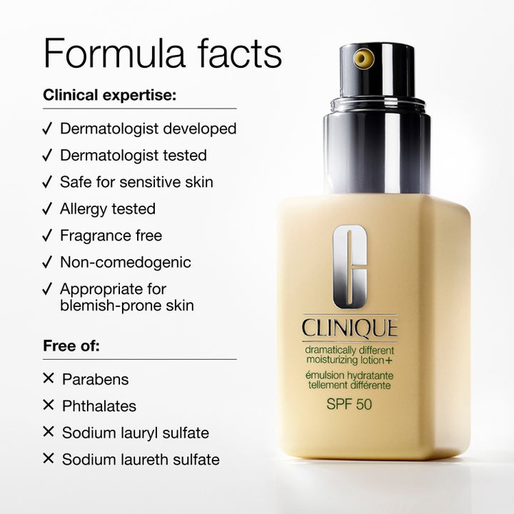 Clinique Dramatically Different SPF 50 75 ml fugtgivende dagcreme i gul flakon med pumpe og liste over formelfakta