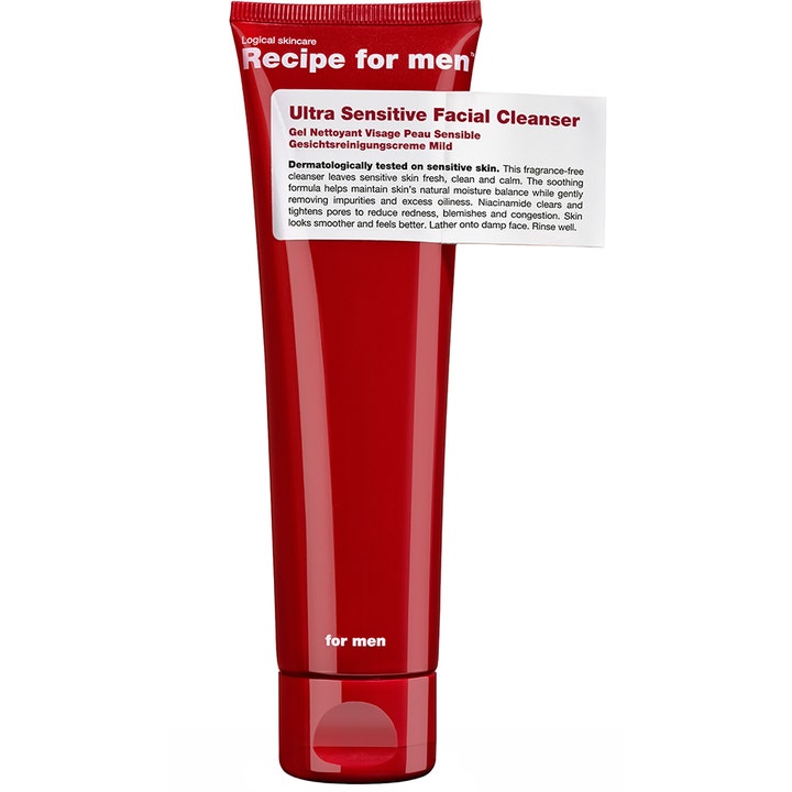 Recipe for men Ultra Sensitive Facial Cleanser mild ansigtsrens til mænd i rød tube med hvid mærkat