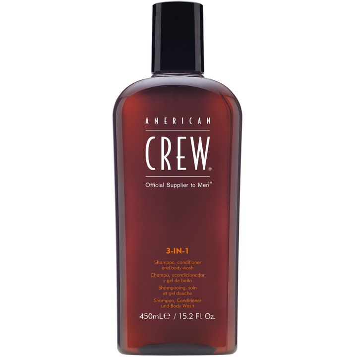 American Crew 3-IN-1 450ml rensende shampoo, conditioner og body wash i mørkebrun plastflaske med sort låg