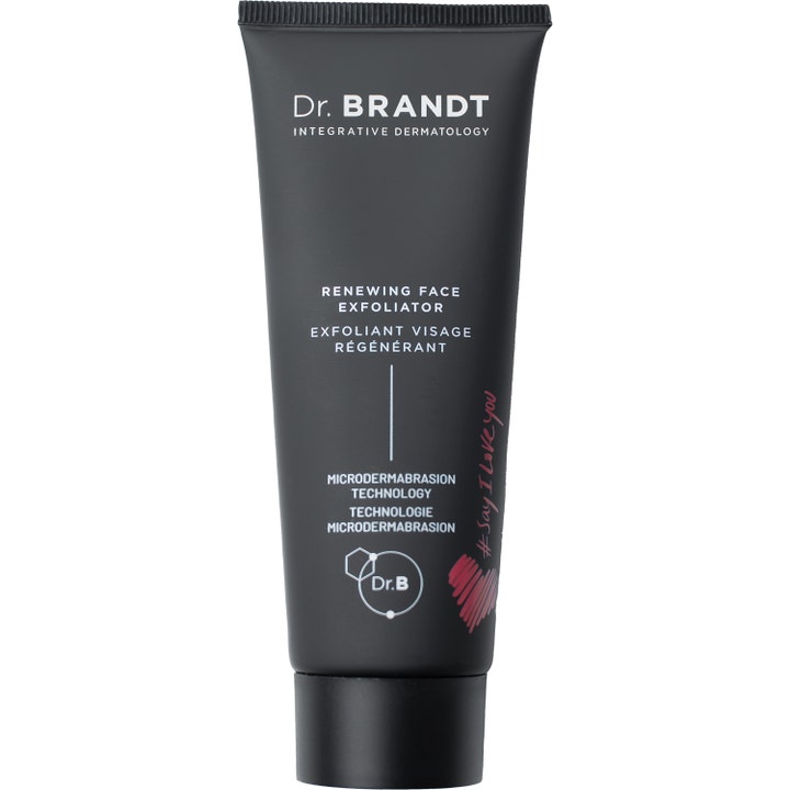Dr. Brandt Renewing Face Exfoliator ansigtsscrub i sort tube med rødt hjerte der giver en glat og fornyet hudoverflade.