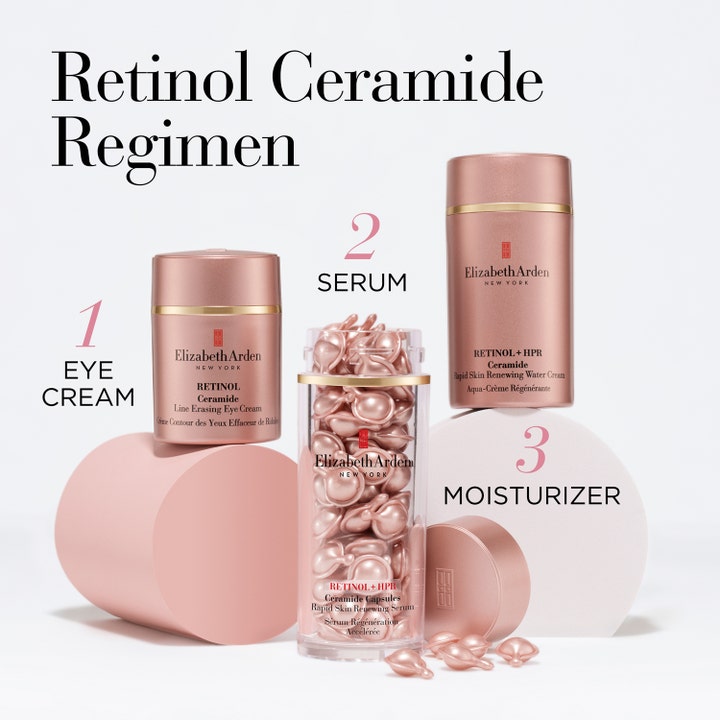Elizabeth Arden Ceramide Capsules Retinol + HPR Serum 60 stk hudfornyende serum vist som trin 2 i en hudplejerutine.