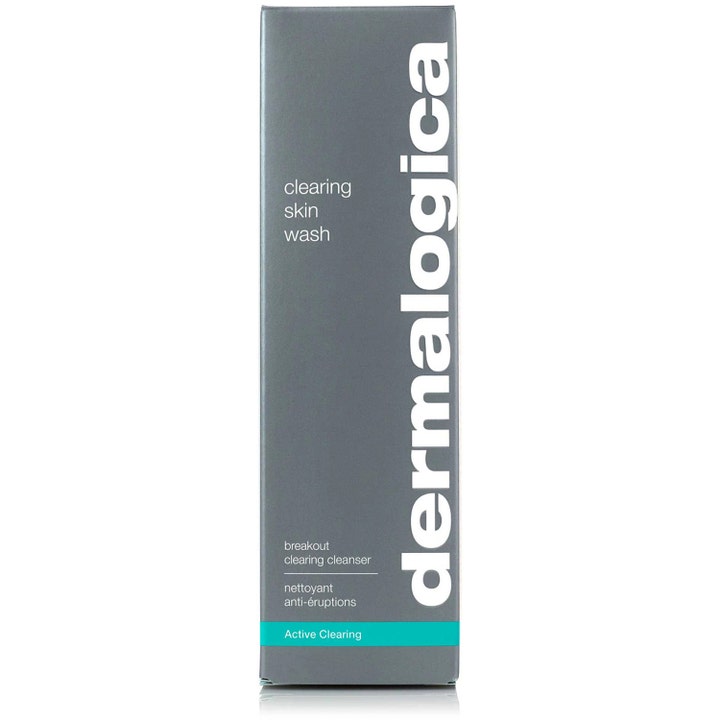 Dermalogica Clearing Skin Wash 500 ml rengøringsgel mod urenheder i grå papæske med hvid tekst og turkis bånd