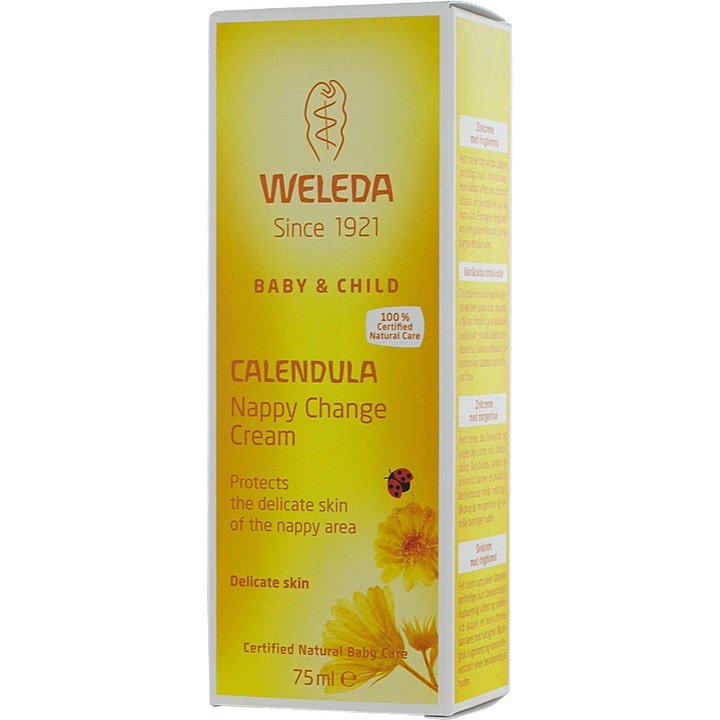 Weleda Calendula Nappy Change Cream 75 ml beskyttende blecreme i gul papæske med morgenfrue og mariehøne