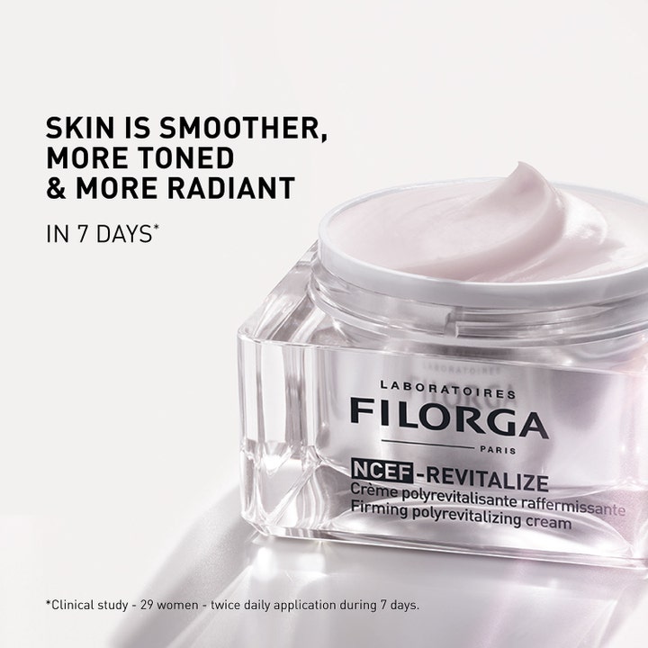 Filorga NCEF-Revitalize Cream 50 ml opstrammende ansigtscreme med lyserød cremetekstur i en elegant glaskrukke