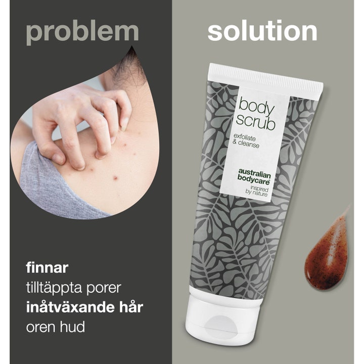 Australian Bodycare Body Scrub 200 ml mod uren hud viser tube og tekstur ved siden af kløende ryg.