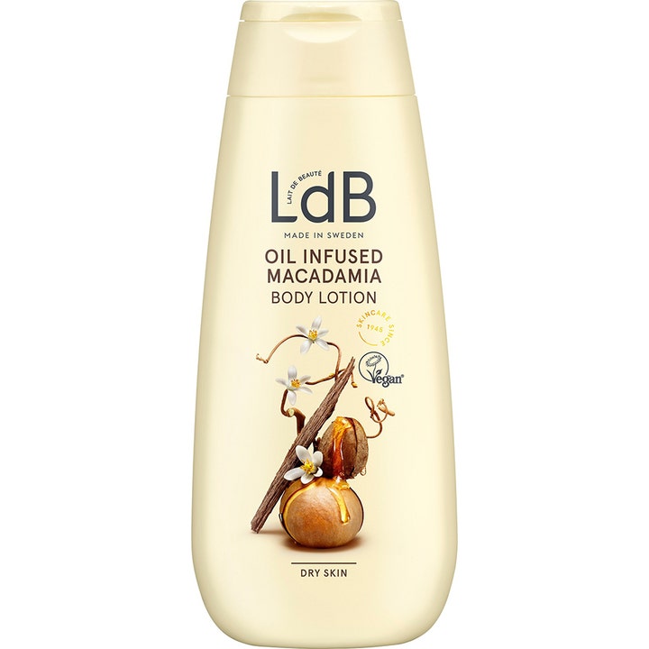 LdB Oil Infused Macadamia Body Lotion 250 ml til tør hud i en beige plastflaske med macadamianødder