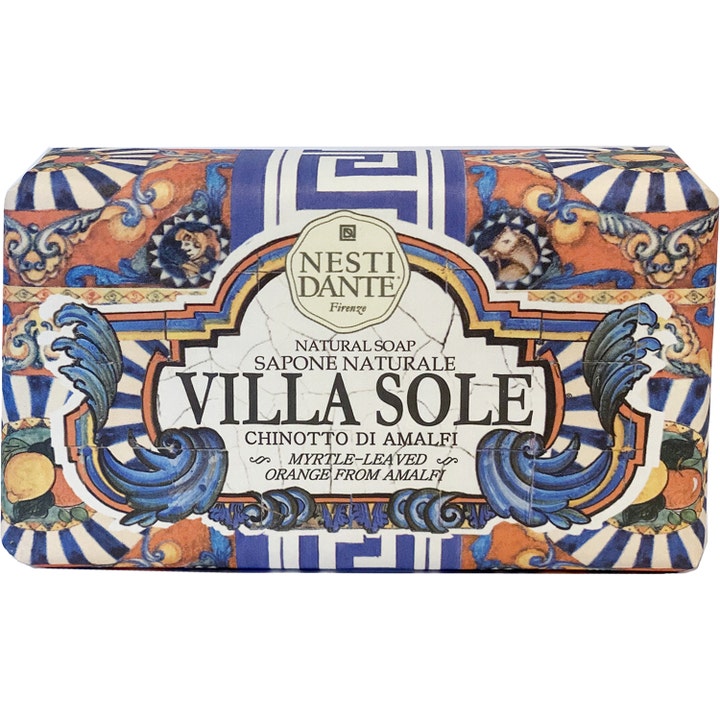 Nesti Dante Villa Sole Chinotto di Amalfi natur sæbe i smukt papir med blå ornamenter og orange citrusfrugter