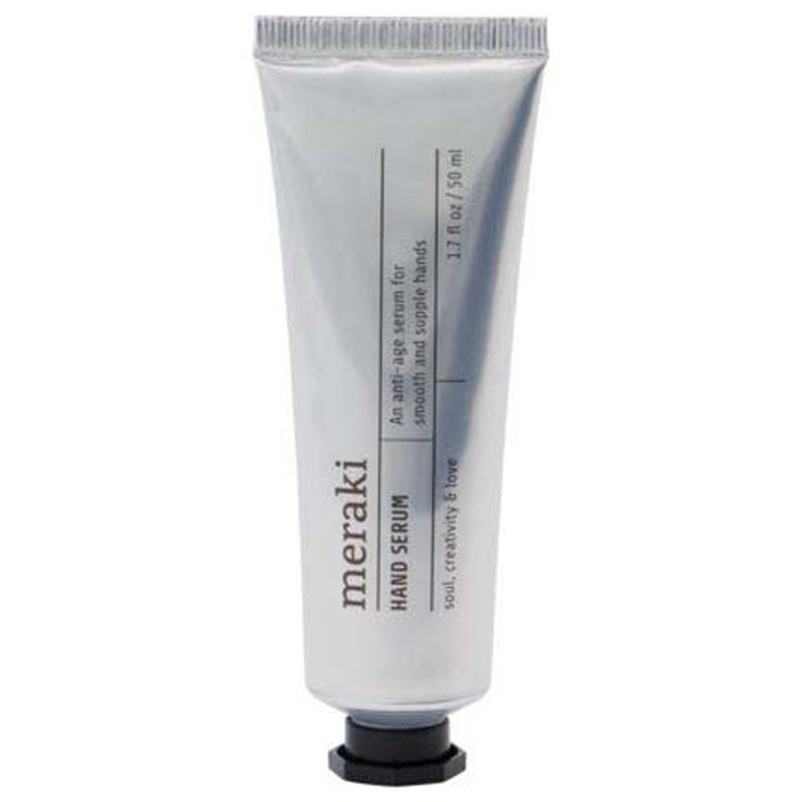 Meraki Hand Serum 50 ml anti-age serum til bløde hænder i en minimalistisk sølvfarvet tube med sort låg