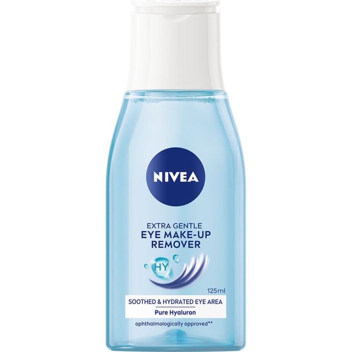 Nivea Extra Gentle Eye Make-up Remover 125 ml beroligende øjenmakeupfjerner i klar flaske med lyseblå væske og hvidt låg