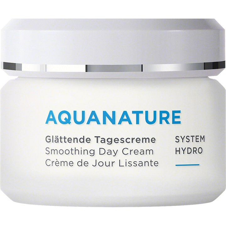Annemarie Börlind Aquanature Smoothing Day Cream 50 ml fugtgivende dagcreme i hvid krukke med sølvdetalje