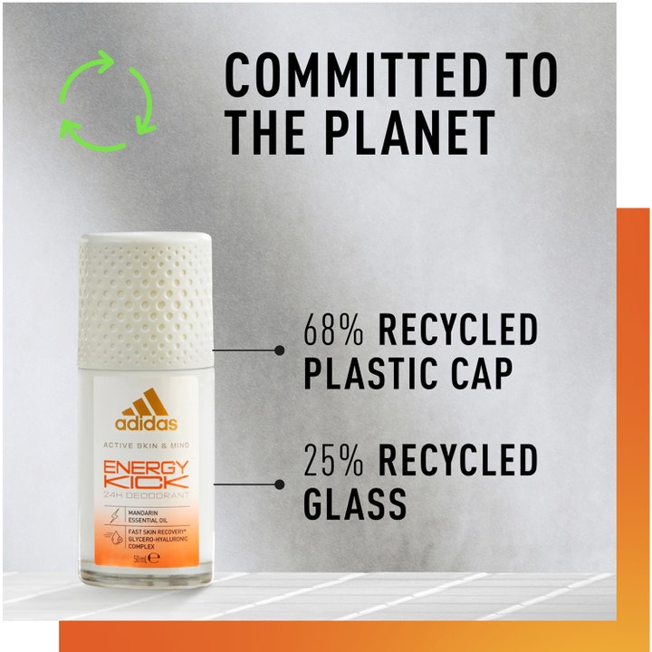 Adidas Skin & Mind Energy Kick 50 ml deodorant i glasflaske med mandarinolie og 68% genanvendt plastlåg