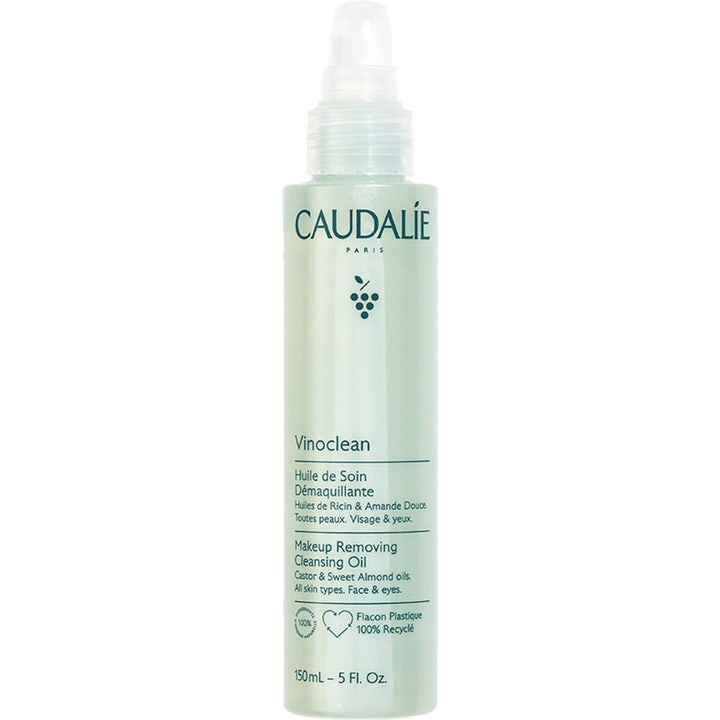 Caudalie Vinoclean Makeup Removing Cleansing Oil 150 ml fjerner makeup med mandelolie i lysegrøn flaske med pumpe