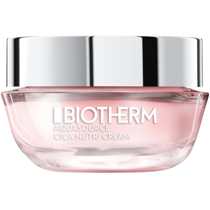 Biotherm Aquasource Cica Nutri Cream 50ml nærende ansigtscreme i lyserød glaskrukke med skinnende sølvlåg.