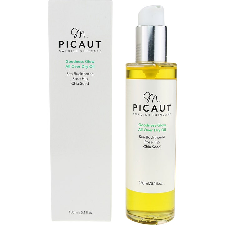 M Picaut Goodness Glow All Over Dry Oil 150 ml kropsolie giver lyster med havtorn i klar flaske og hvid æske.