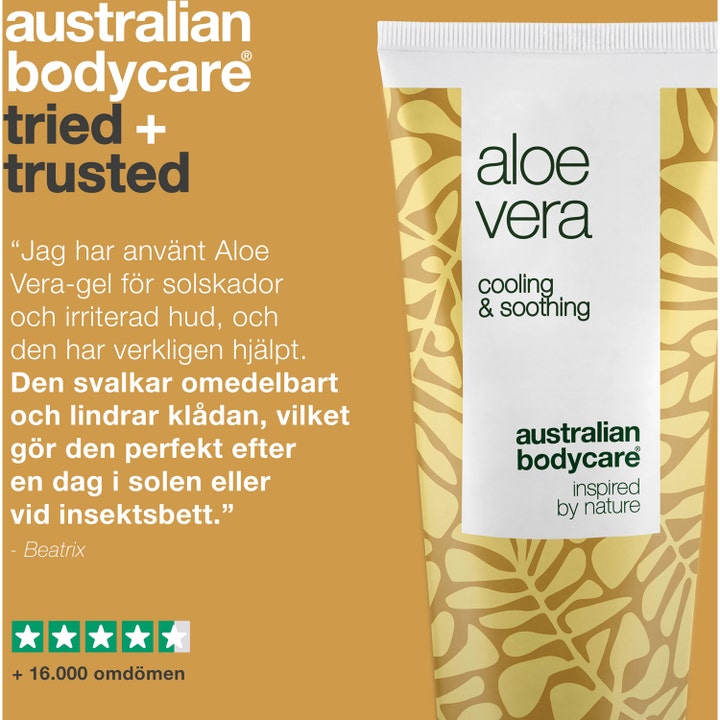 Australian Bodycare Aloe Vera Gel 100 ml kølende gel til irriteret hud i tube vist med stjerner og anmeldelse.