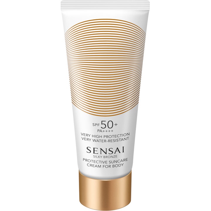 Sensai Silky Bronze Protective Suncare Cream For Body SPF 50+ beskyttende solcreme i hvid tube med guldcirkler og guldlåg