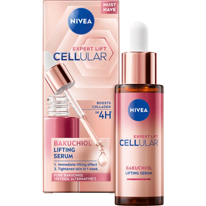 Nivea Expert Lift Cellular Bakuchiol Lifting Serum opstrammende ansigtsserum i glasflaske med pipette og rosa detaljer