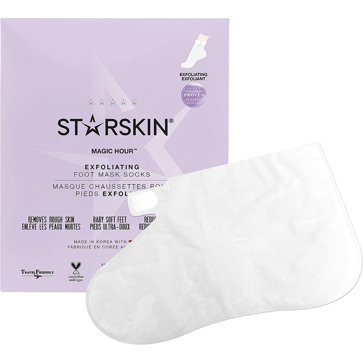 Starskin Magic Hour Exfoliating Foot Mask Socks 1 par fjerner hård hud i lilla indpakning med hvid fodmaske-sok