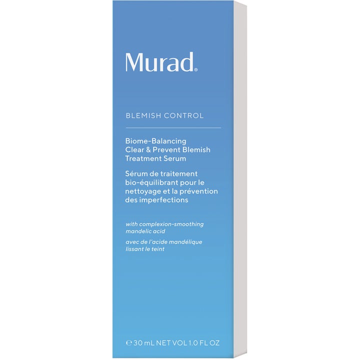 Murad Biome-Balancing Clear & Prevent Serum 30 ml mod urenheder i blå og hvid papiremballage