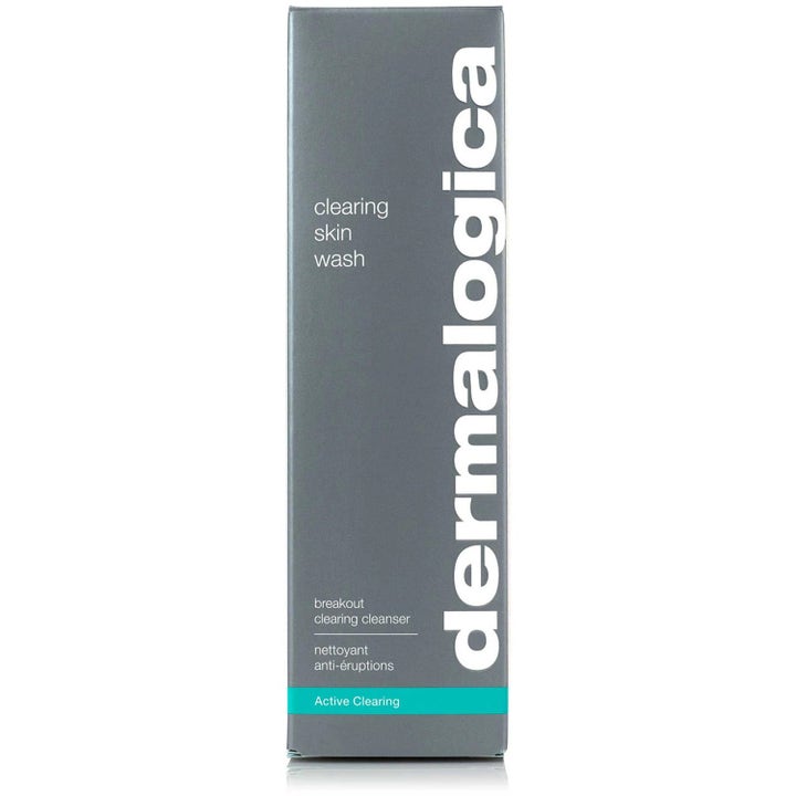 Dermalogica Clearing Skin Wash Duo 500 ml med salicylsyre mod urenheder i grå papæske med hvid tekst
