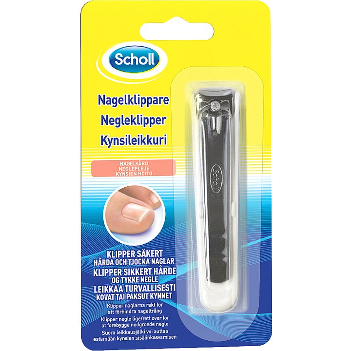 Scholl Negleklipper til pleje af hårde og tykke negle i gul og blå indpakning med en robust sølvfarvet klipper.