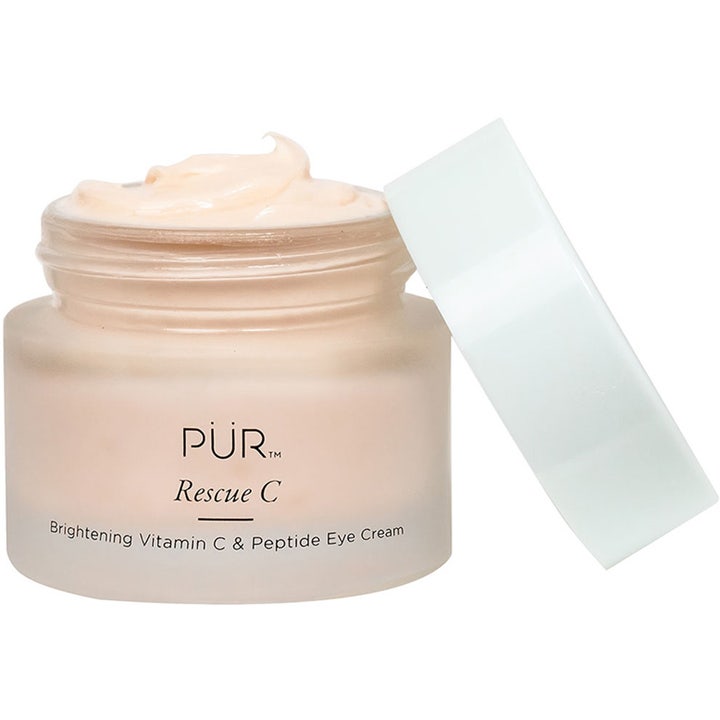 PÜR Rescue C Brightening Vitamin C & Peptide Eye Cream 15 ml lysnende øjencreme i frostet krukke med ferskenfarvet creme