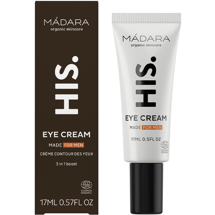 MÁDARA HIS Eye Cream 17 ml fugtgivende øjencreme til mænd i hvid tube og brun æske med sort låg.