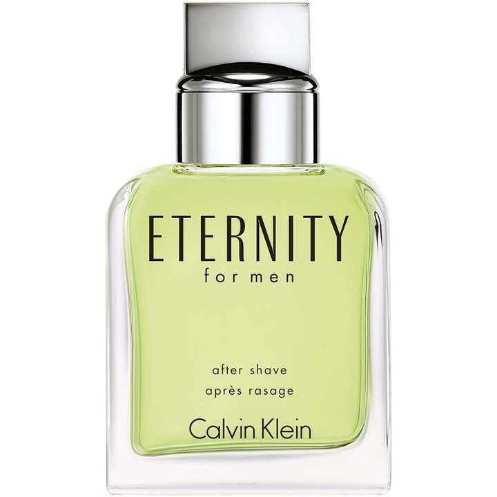 Calvin Klein Eternity for Men aftershave der beroliger huden i en elegant glasflakon med lysegrøn væske og sølvlåg