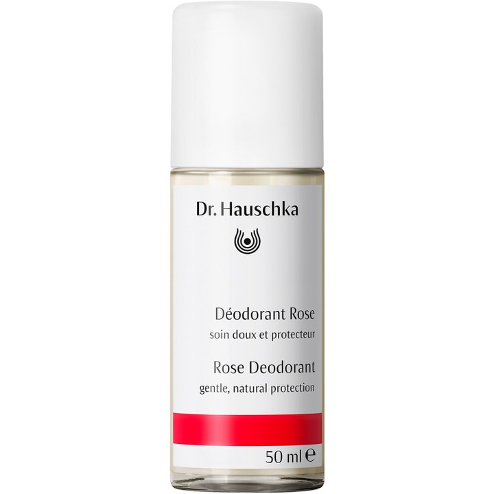 Dr. Hauschka Rose Deodorant 50 ml mild deodorant i glasflaske med hvidt rullelåg og rød stribe på etiketten.