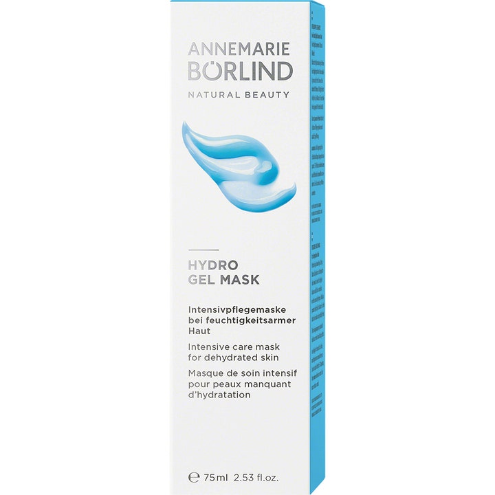 Annemarie Börlind Hydro Gel Mask 75 ml fugtgivende ansigtsmaske i hvid emballage med blå gel-illustration.