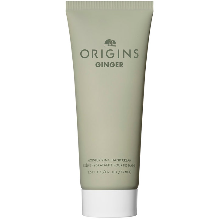 Origins Ginger Hand Cream 75 ml fugtgivende håndcreme i en mat salviegrøn tube med hvidt skruelåg.