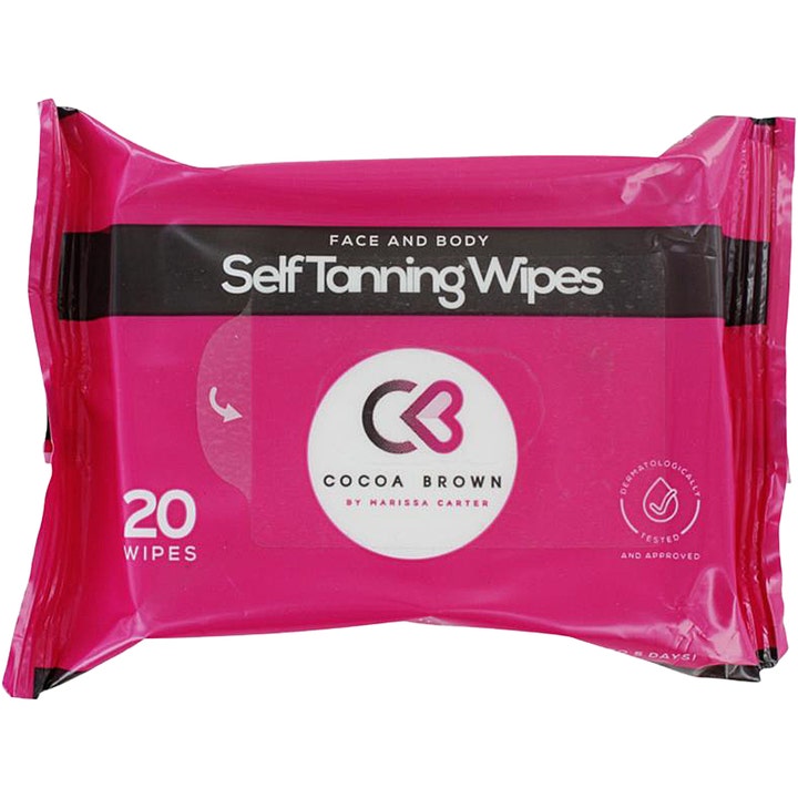 Cocoa Brown Self Tanning Wipes 20 stk selvbruner-servietter til ansigt og krop i lyserød plastikemballage