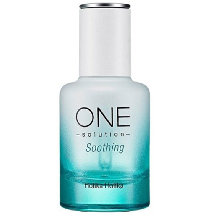 Holika Holika One Solution Soothing beroligende ansigtsserum i frostet glasflaske med turkis gradient og hvidt låg.