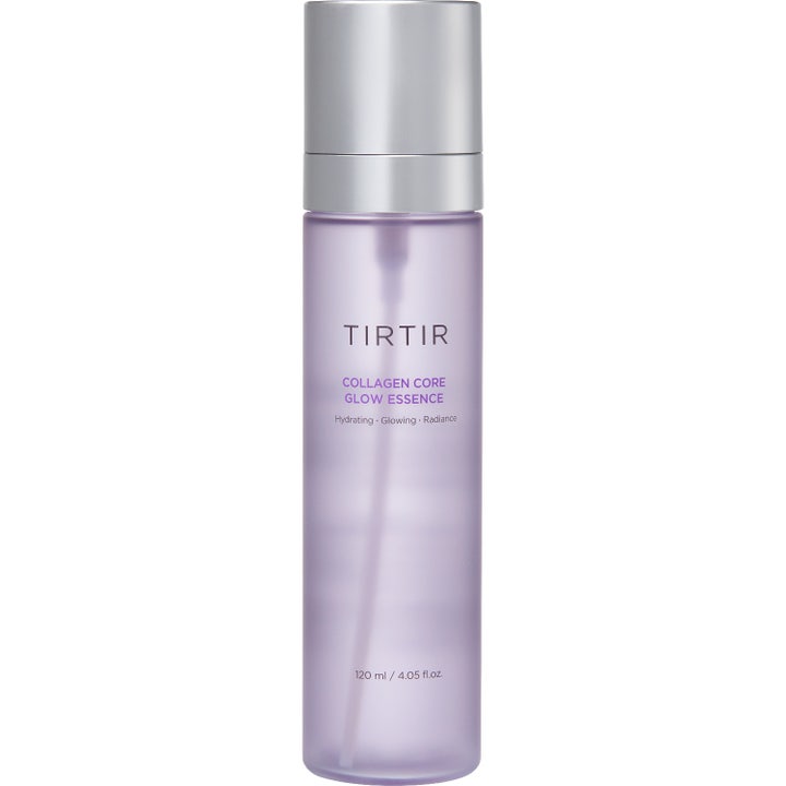 TIRTIR Collagen Core Glow Essence 120 ml giver huden glød i en lilla gennemsigtig flaske med sølvlåg