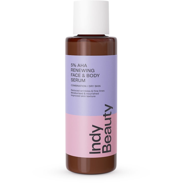 Indy Beauty 5% AHA Renewing Face & Body Serum fornyende kropsserum i brun plastflaske med lilla og lyserød etiket