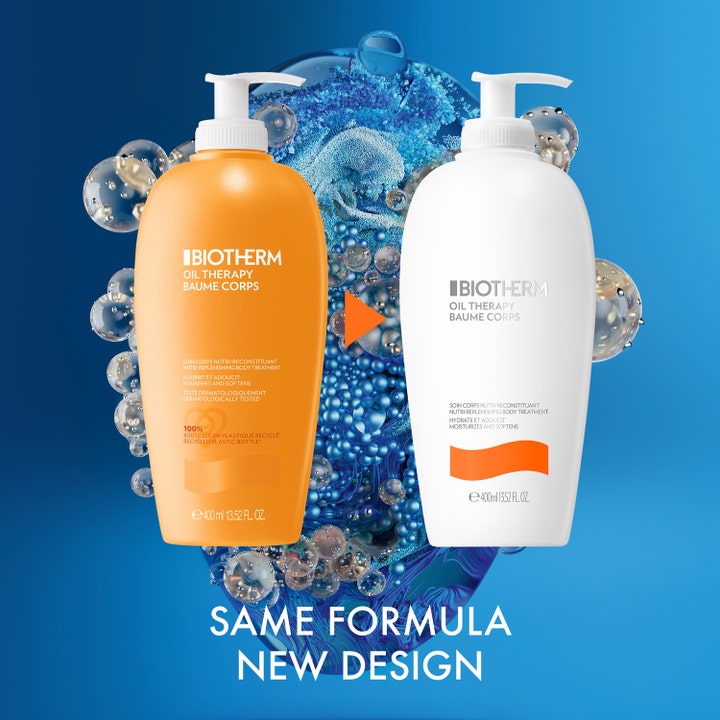 Biotherm Baume Corps Oil Therapy 400 ml bodylotion viser overgangen fra orange til ny hvid pumpeflaske