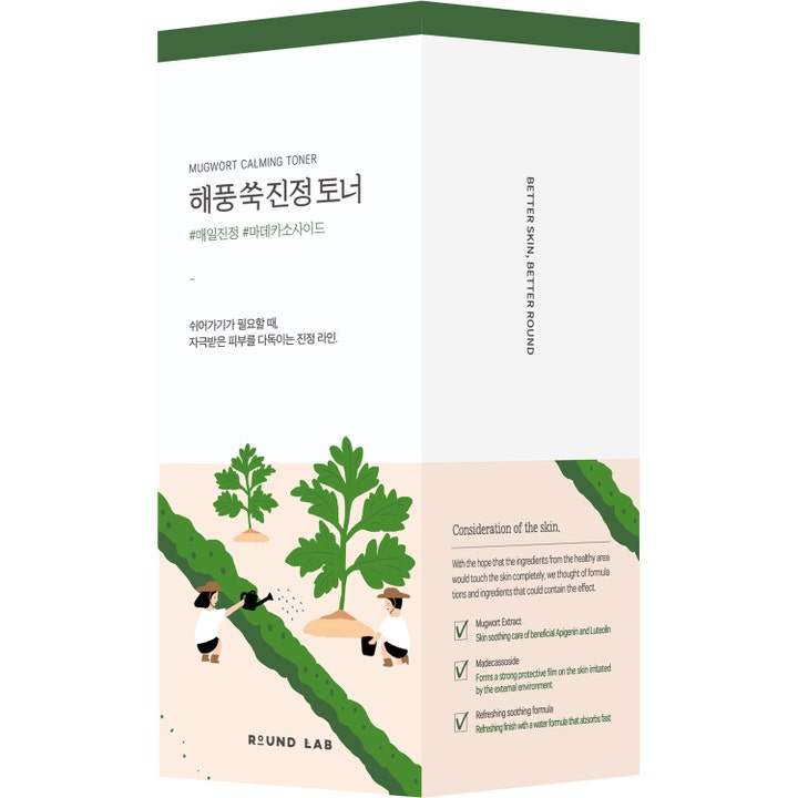 Round Lab Mugwort Calming Toner 300 ml beroligende ansigtsvand i hvid og beige papæske med planteillustrationer