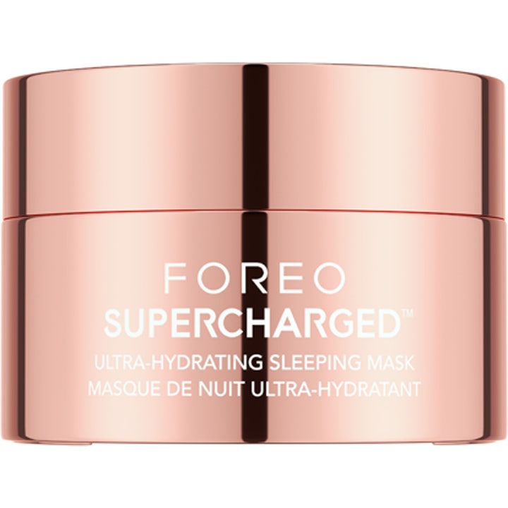 Foreo Supercharged Ultra-Hydrating Sleeping Mask fugtgivende natmaske i en elegant og blank krukke af rosaguld