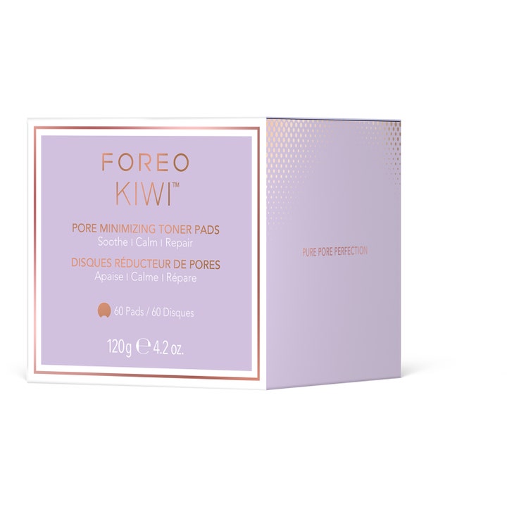 Foreo KIWI Pore Minimizing Toner Pads 60 stk beroligende ansigtspleje i lilla papæske med guldramme