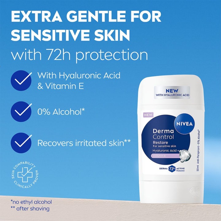 NIVEA Derma Control Restore 50 ml antiperspirant deo stick giver 72h beskyttelse og beroliger sensitiv hud.