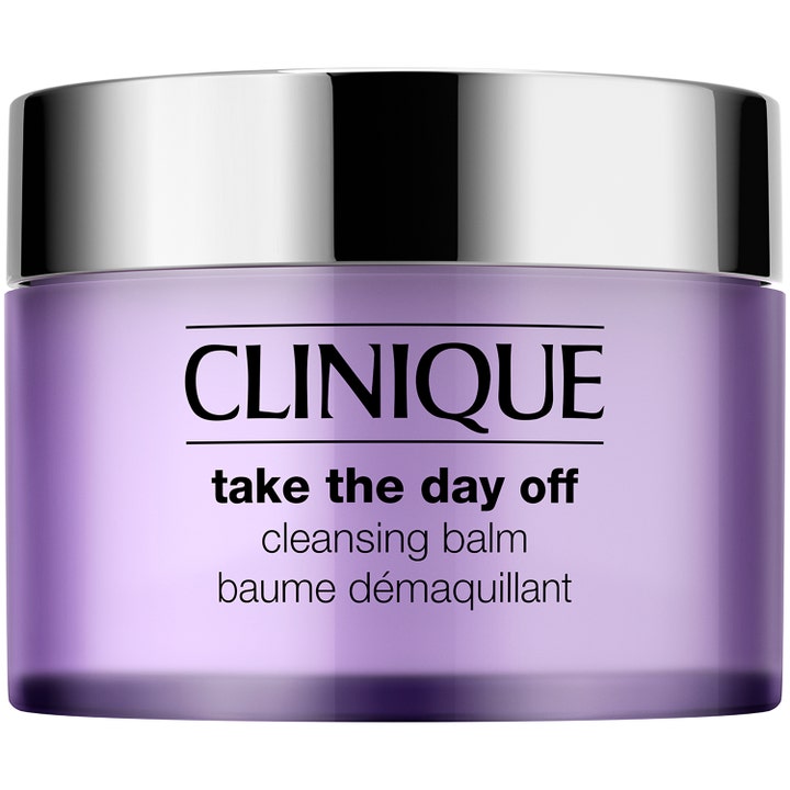 Clinique Take The Day Off Cleansing Balm 125ml effektiv rensebalm i en lilla krukke med skinnende sølvlåg.