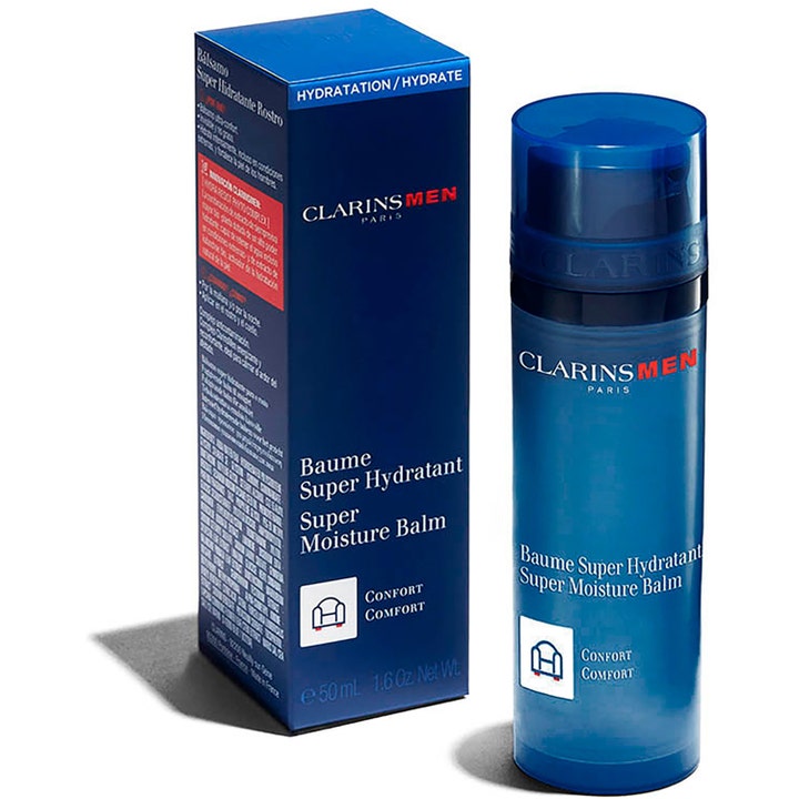 Clarins Men Super Moisture Balm 50 ml fugtgivende ansigtscreme i blå pumpeflaske og matchende papæske