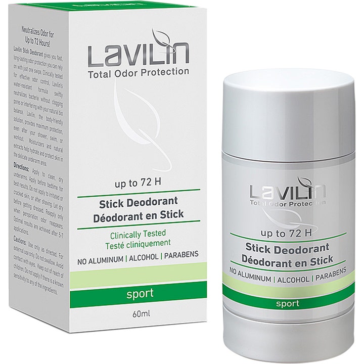 Lavilin Stick Deodorant Sport 60ml mod lugt i hvid stift og emballage med grønne detaljer.