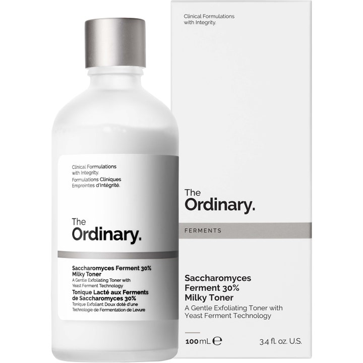 The Ordinary Saccharomyces Ferment 30% Milky Toner 100 ml eksfolierende toner i frostet flaske med hvid æske