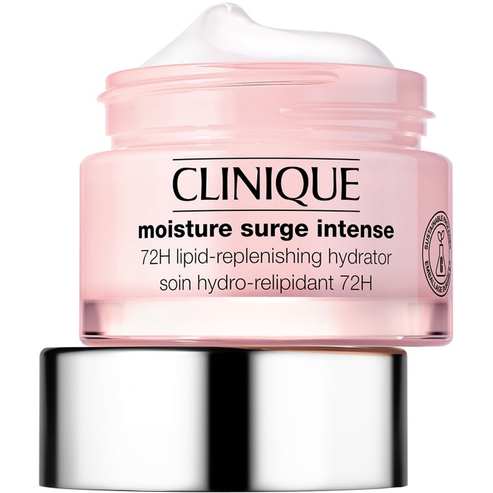Clinique Moisture Surge Intense 50 ml fugtgivende ansigtscreme i lyserød krukke med cremet hvid tekstur og sølvlåg