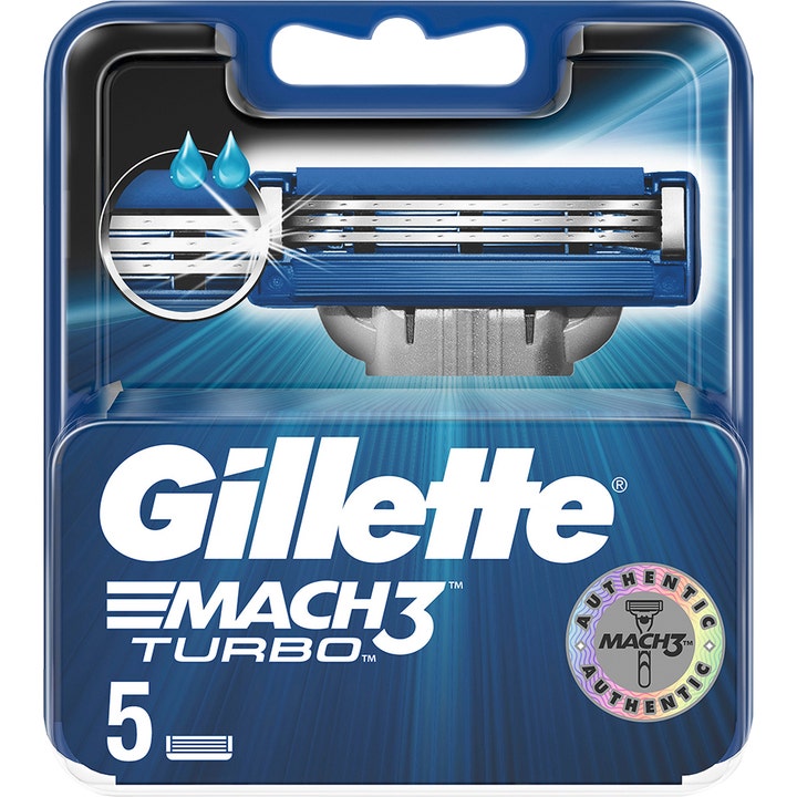 Gillette Mach3 Turbo 5-pak barberblade til tæt barbering i blå plastemballage med nærbillede af skraberen