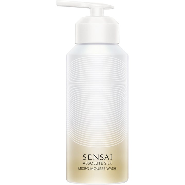 Sensai Absolute Silk Micro Mousse Wash 150ml ansigtsrens giver glød i hvid flaske med hvid pumpe og gylden bund
