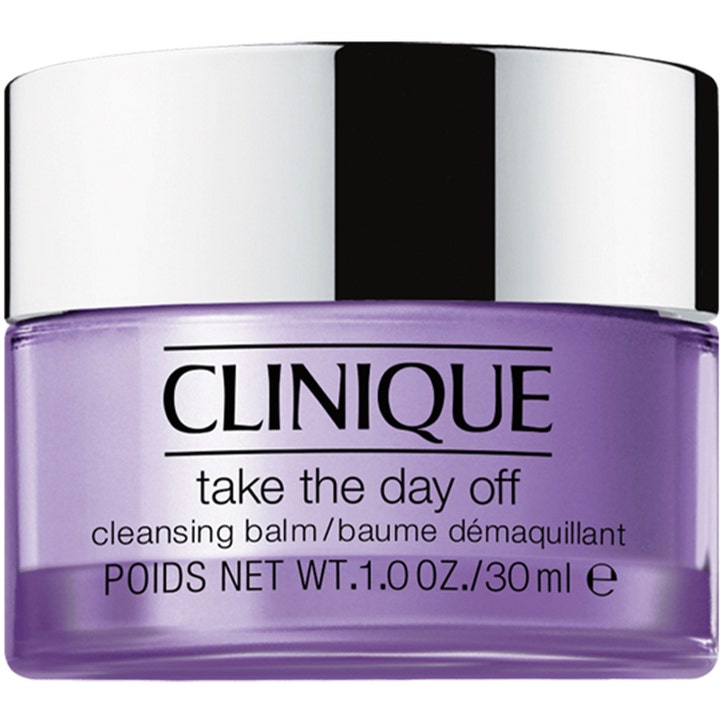 Clinique Take The Day Off 30 ml rensende balm fjerner makeup i en lilla krukke med skinnende sølvlåg