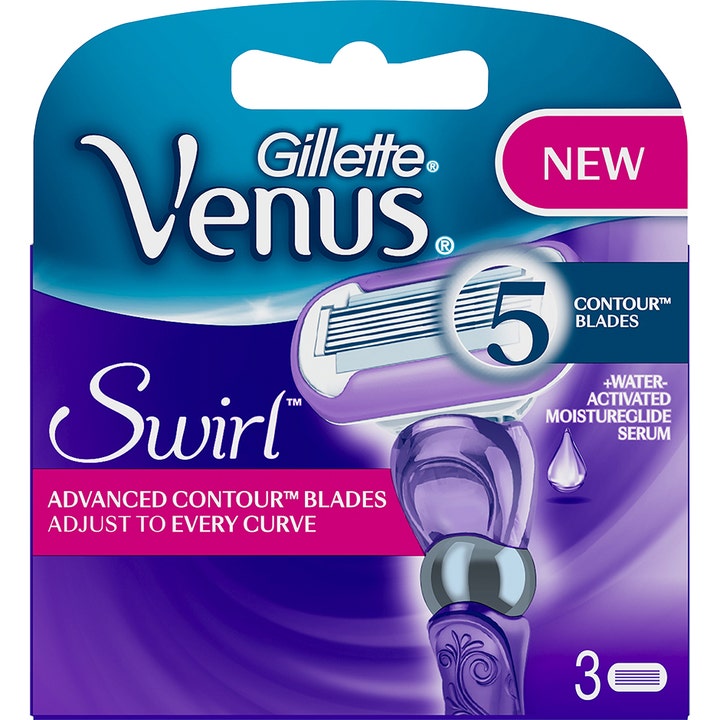 Gillette Venus Swirl 3 stk barberblade sikrer en glat barbering vist i lilla pakke med 5 konturblade og serum.